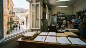 Κτίριο γραφείων στην Ελλάδα με έγγραφα σε γραφείο