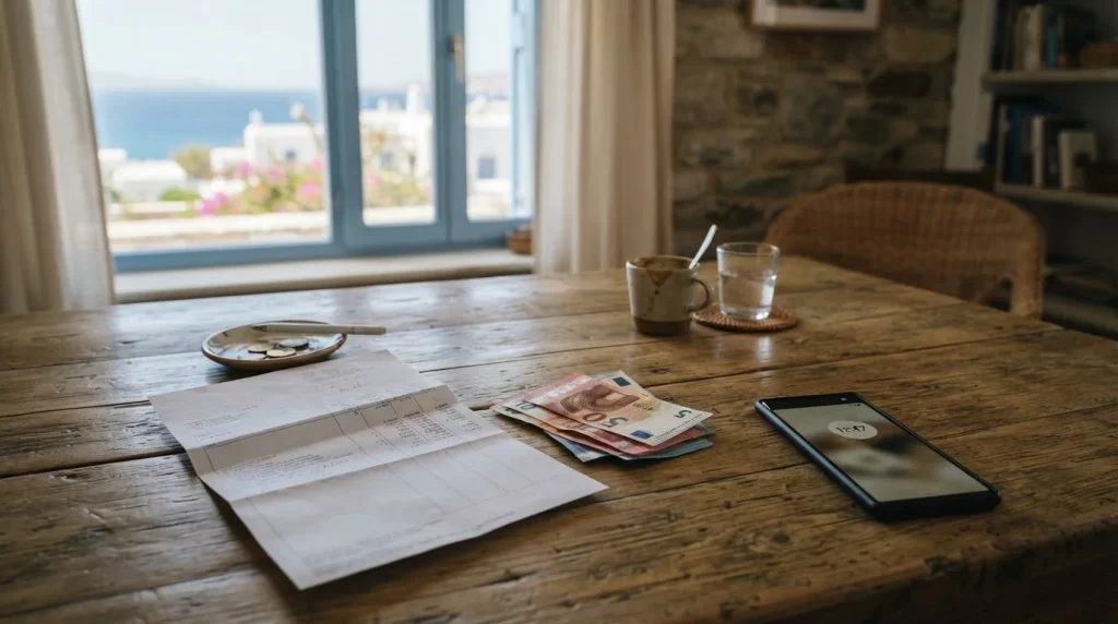 Χαρτονομίσματα ευρώ και κινητό δίπλα σε τραπεζικά έγγραφα.