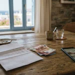 Χαρτονομίσματα ευρώ και κινητό δίπλα σε τραπεζικά έγγραφα.