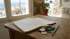Σημειωματάριο, μολύβι και μάρκες παιχνιδιού πάνω σε ξύλινο γραφείο